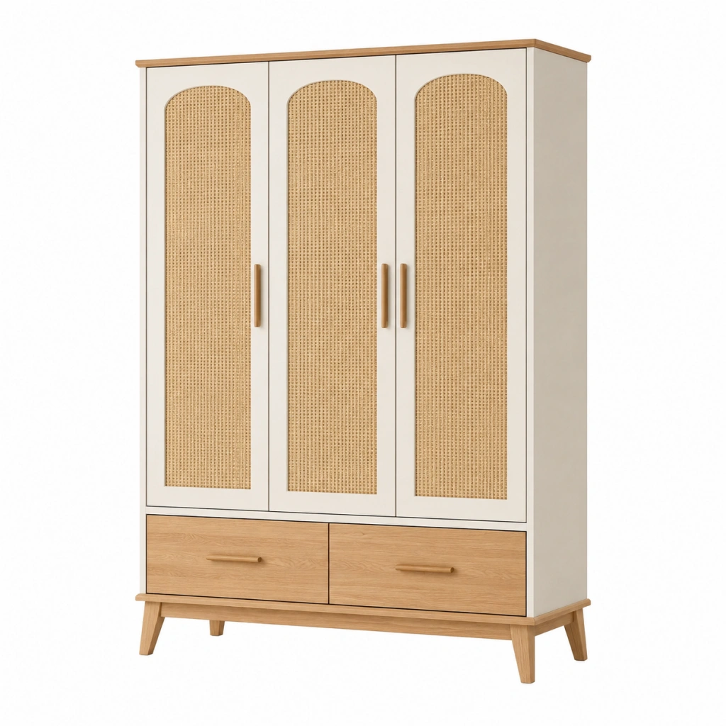 Armadio 120x55x190 cm in legno bianco e naturale con ante intrecciate stile nordico