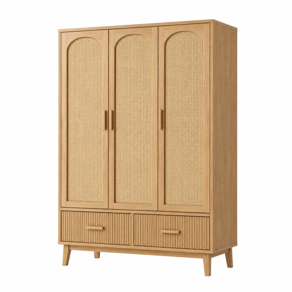 Armadio guardaroba 120 x 55 x 190 cm in legno naturale e rattan - stile moderno
