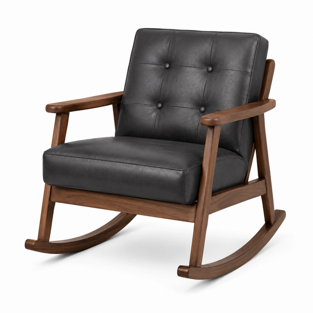 Sedia a dondolo 68 x 92 x 98 cm in legno e similpelle nera - stile moderno