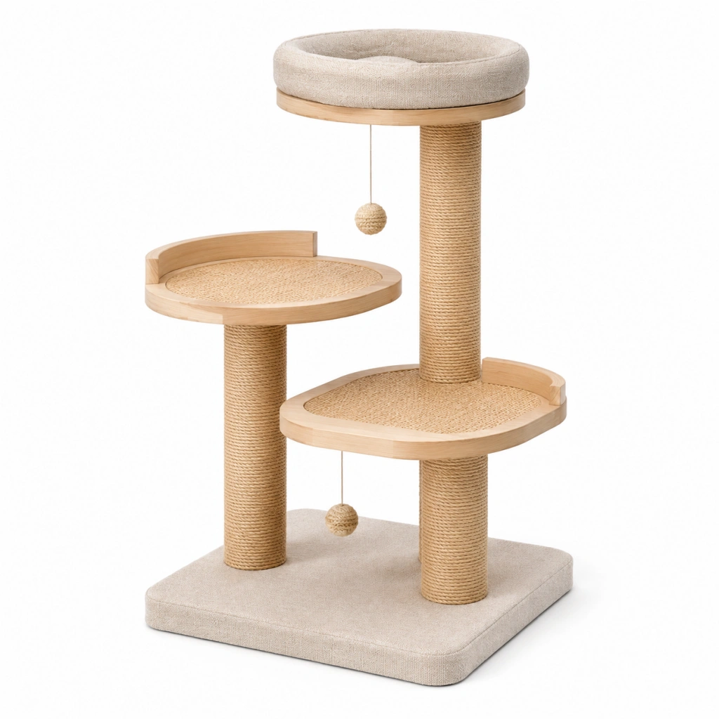 Tiragraffi per gatti 60 x 60 x 120 cm in sisal e tessuto beige - struttura multilivello con cuccia
