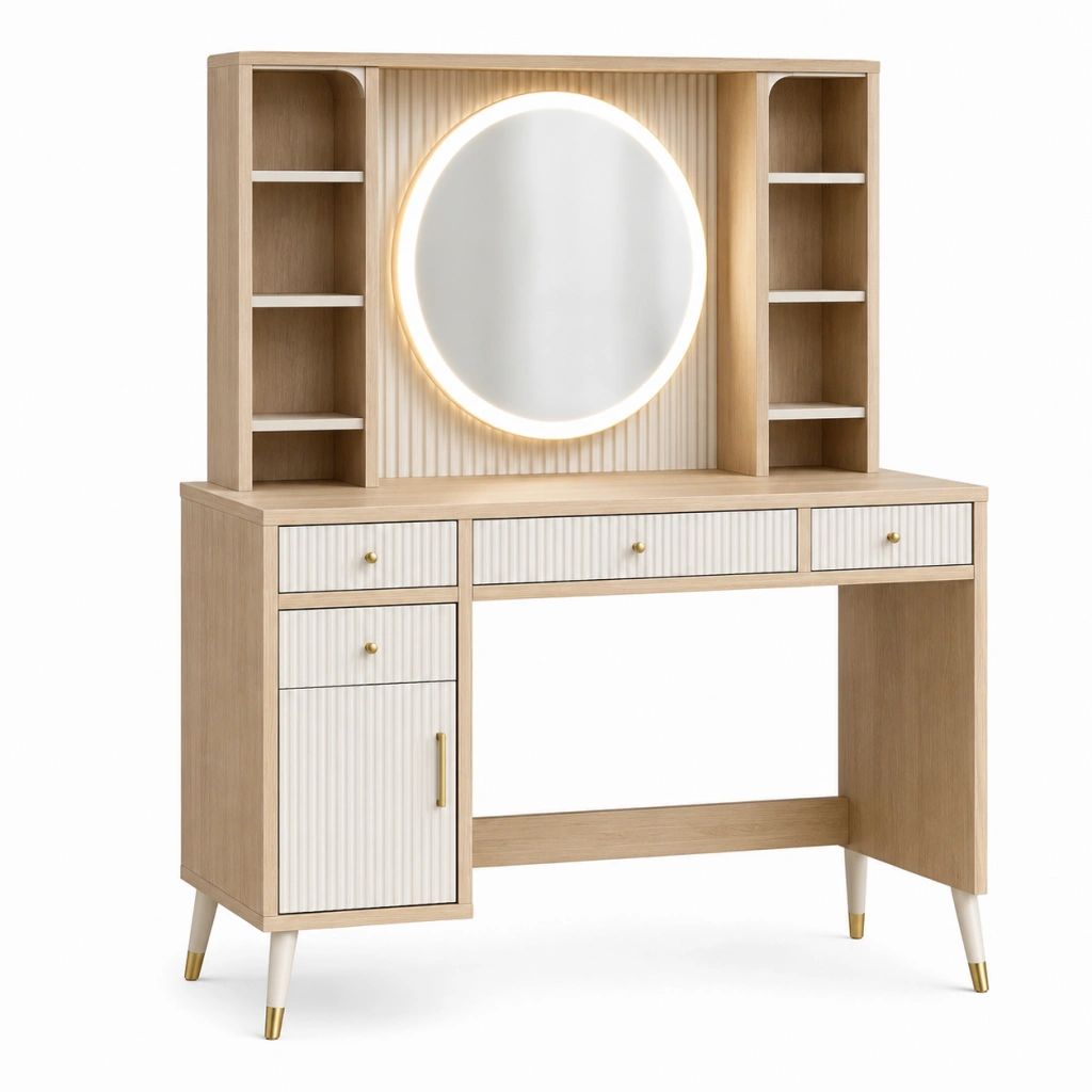Toeletta 100 x 45 x 150 cm in legno beige con specchio LED e contenitori stile moderno