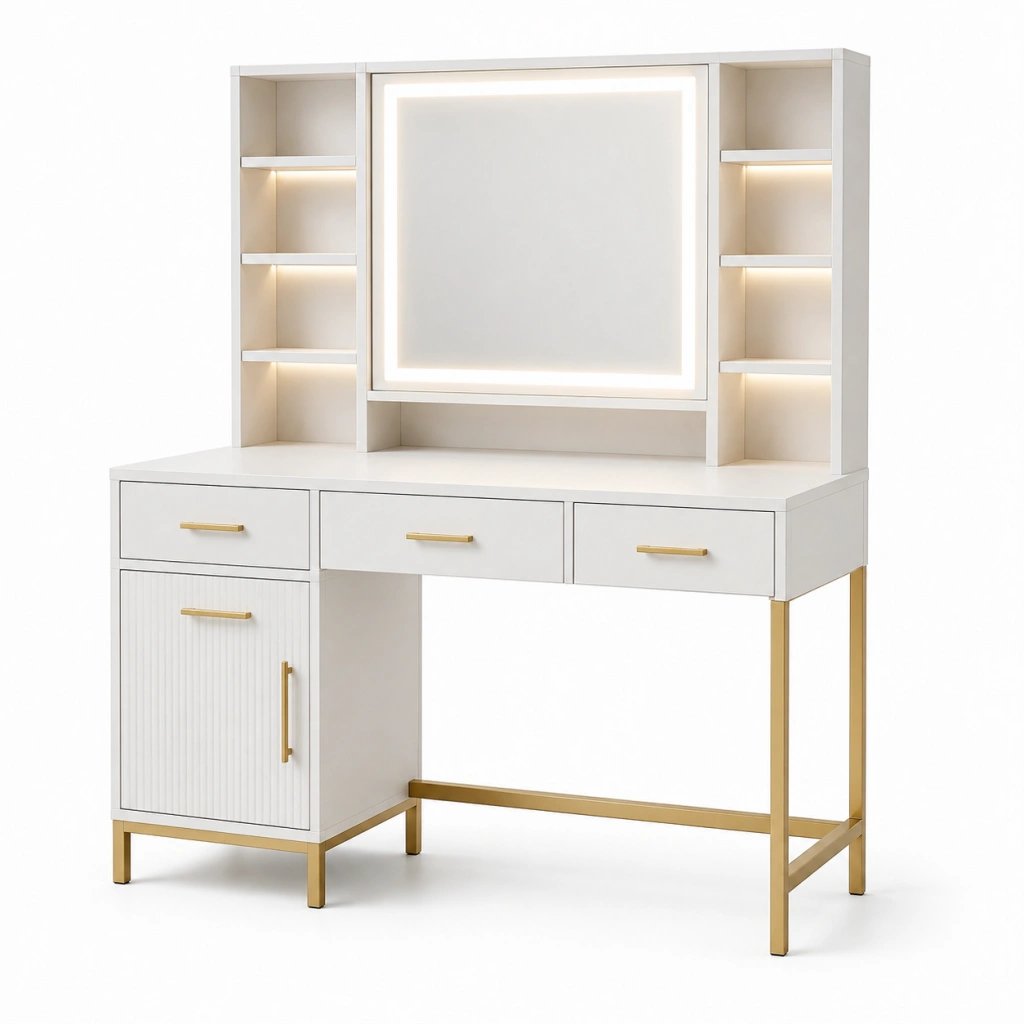 Toeletta 120 x 50 x 160 cm bianca con specchio illuminato e ripiani stile moderno