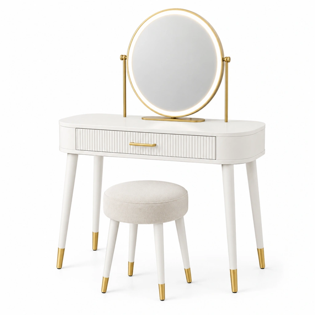 Set toeletta con specchio luminoso 100 x 45 x 130 cm bianco oro con sgabello imbottito