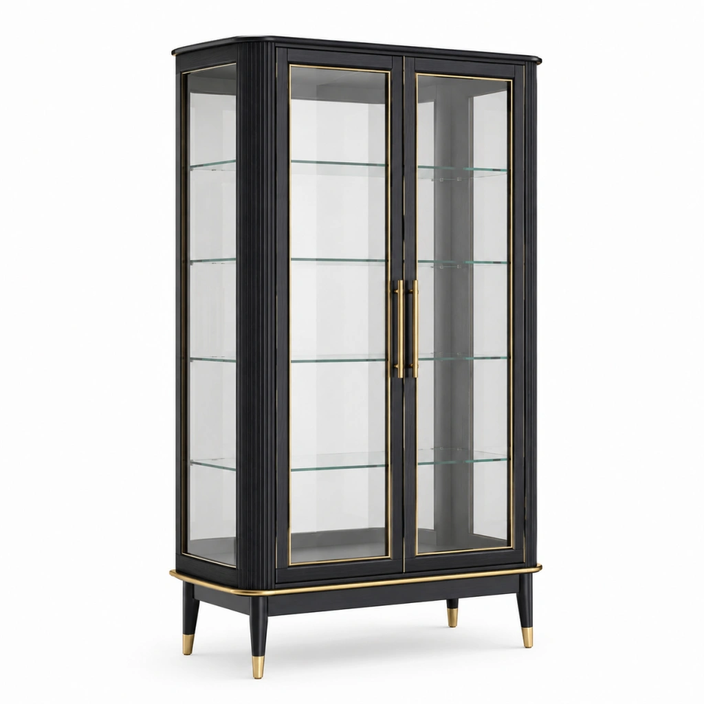 Vetrina 100 x 40 x 180 cm in vetro e legno nero con dettagli dorati - mobile espositivo moderno