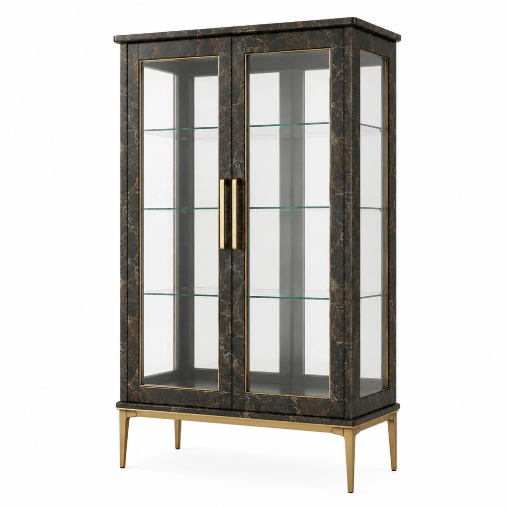 Vetrina 90 x 40 x 180 cm in vetro nero effetto marmo con dettagli dorati