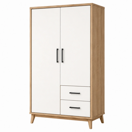 Armadio guardaroba 100 x 55 x 200 cm in legno bianco e rovere con ante e cassetti stile moderno