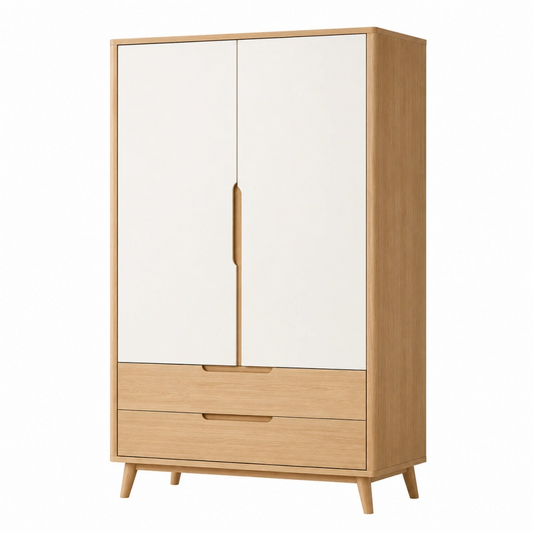 Armadio 100 x 55 x 190 cm in legno bianco e rovere naturale con 2 ante e 2 cassetti stile nordico