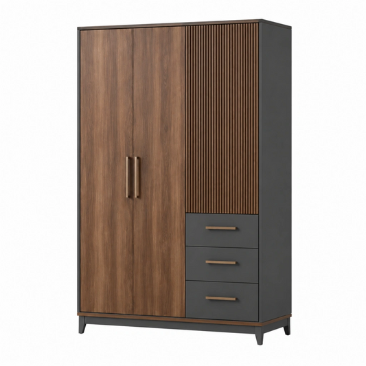 Armadio guardaroba 120 x 55 x 200 cm marrone e antracite in pannelli effetto legno - 3 ante 3 cassetti stile moderno