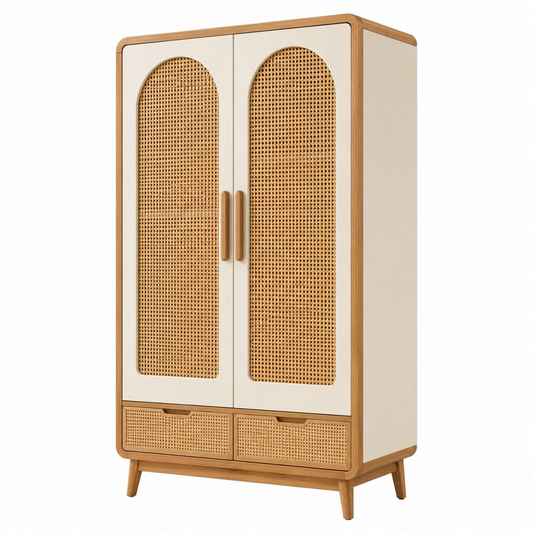 Armadio 100 x 50 x 190 cm in legno e rattan beige naturale - due ante e due cassetti