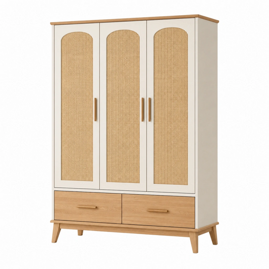Armadio 120x55x190 cm in legno bianco e naturale con ante intrecciate stile nordico