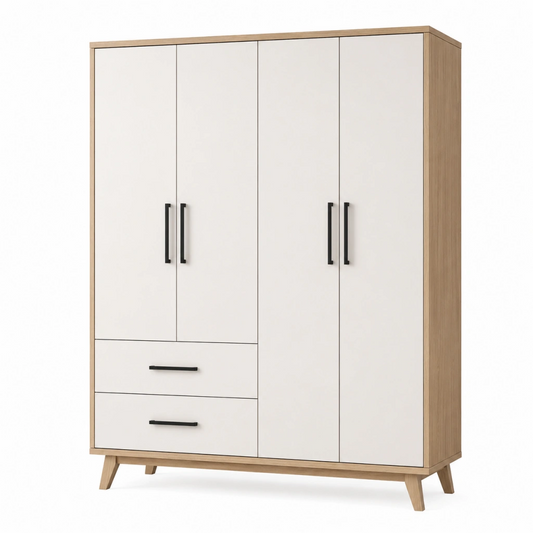Armadio 160x52x190 cm in legno bianco e rovere - stile nordico con 4 ante e 2 cassetti