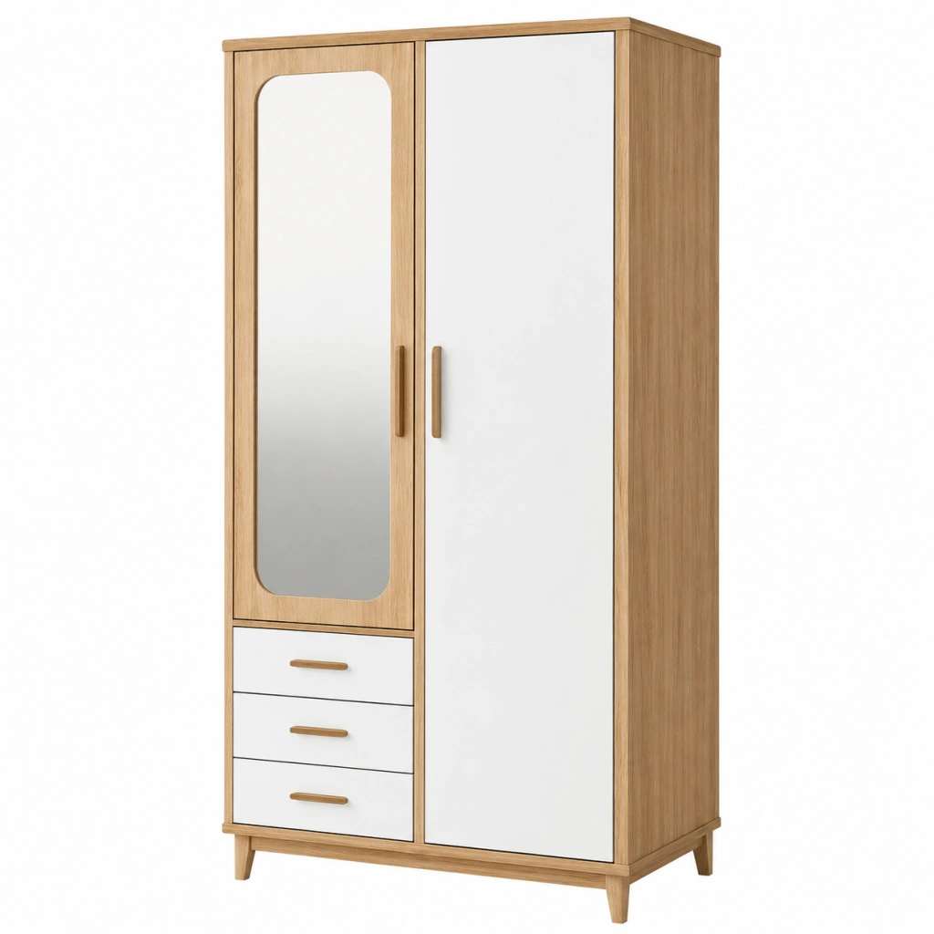 Armadio guardaroba 80 x 50 x 180 cm effetto legno naturale e bianco con specchio e cassetti