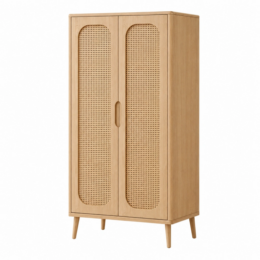 Armadio contenitore 90 x 45 x 180 cm in legno naturale con ante in rattan stile nordico
