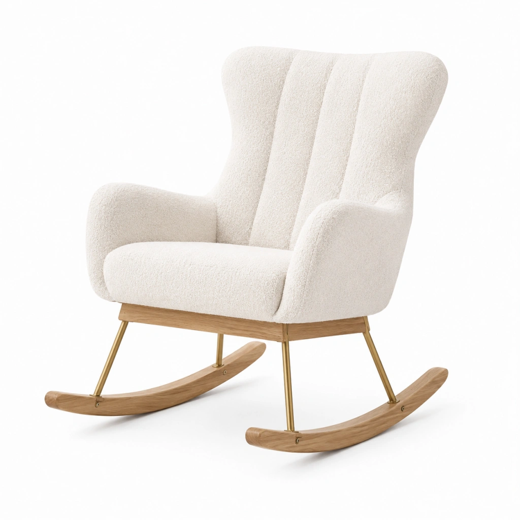 Sedia a dondolo 75 x 95 x 105 cm in tessuto bouclé bianco con base in legno stile moderno