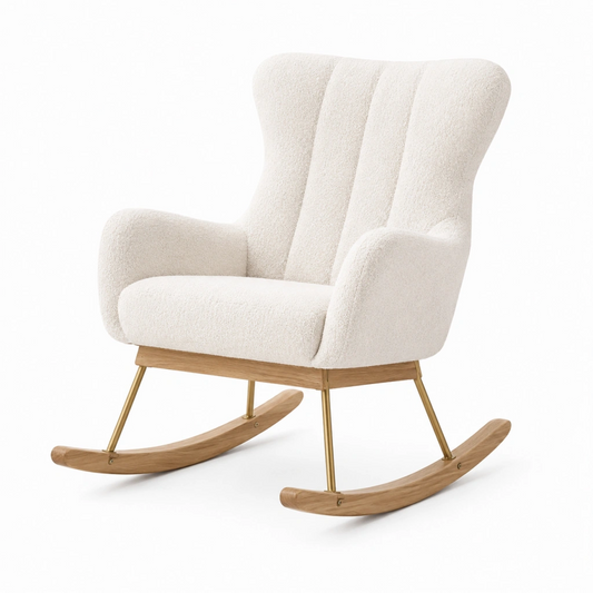 Sedia a dondolo 75 x 95 x 105 cm in tessuto bouclé bianco con base in legno stile moderno