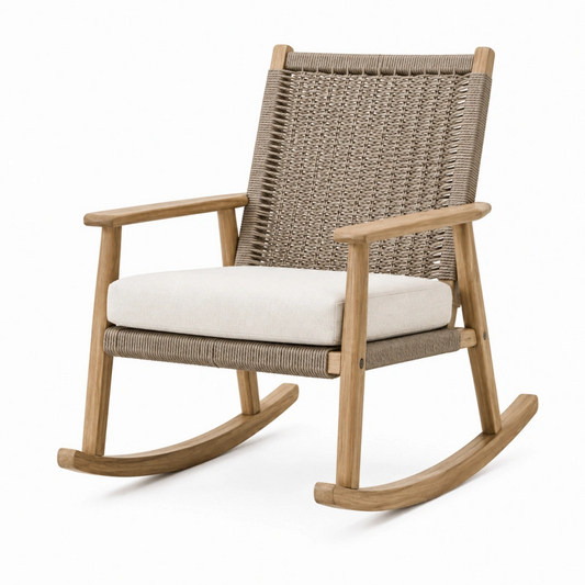 Sedia a dondolo 70 x 95 x 102 cm in legno naturale e corda beige con seduta imbottita