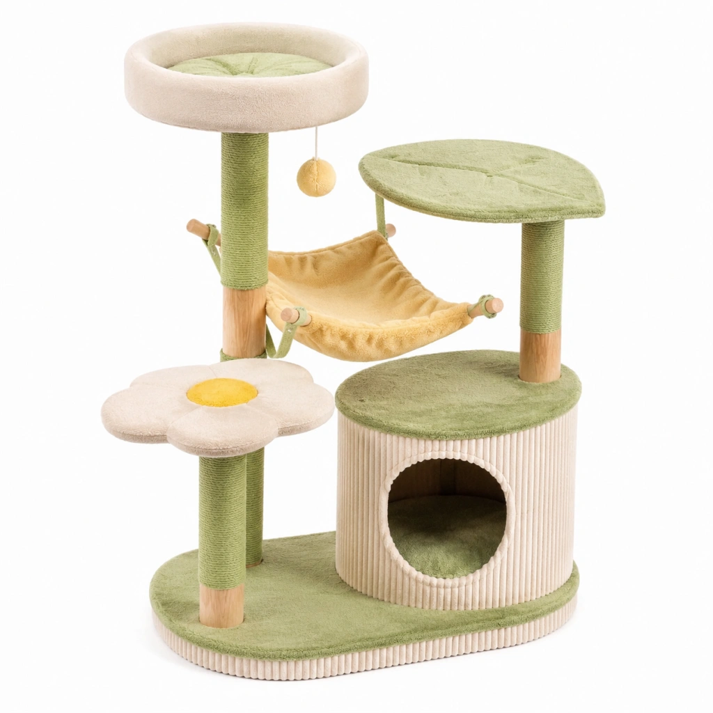 Tiragraffi per gatti 60 x 45 x 100 cm in sisal e tessuto verde e beige con cuccia amaca e piattaforme