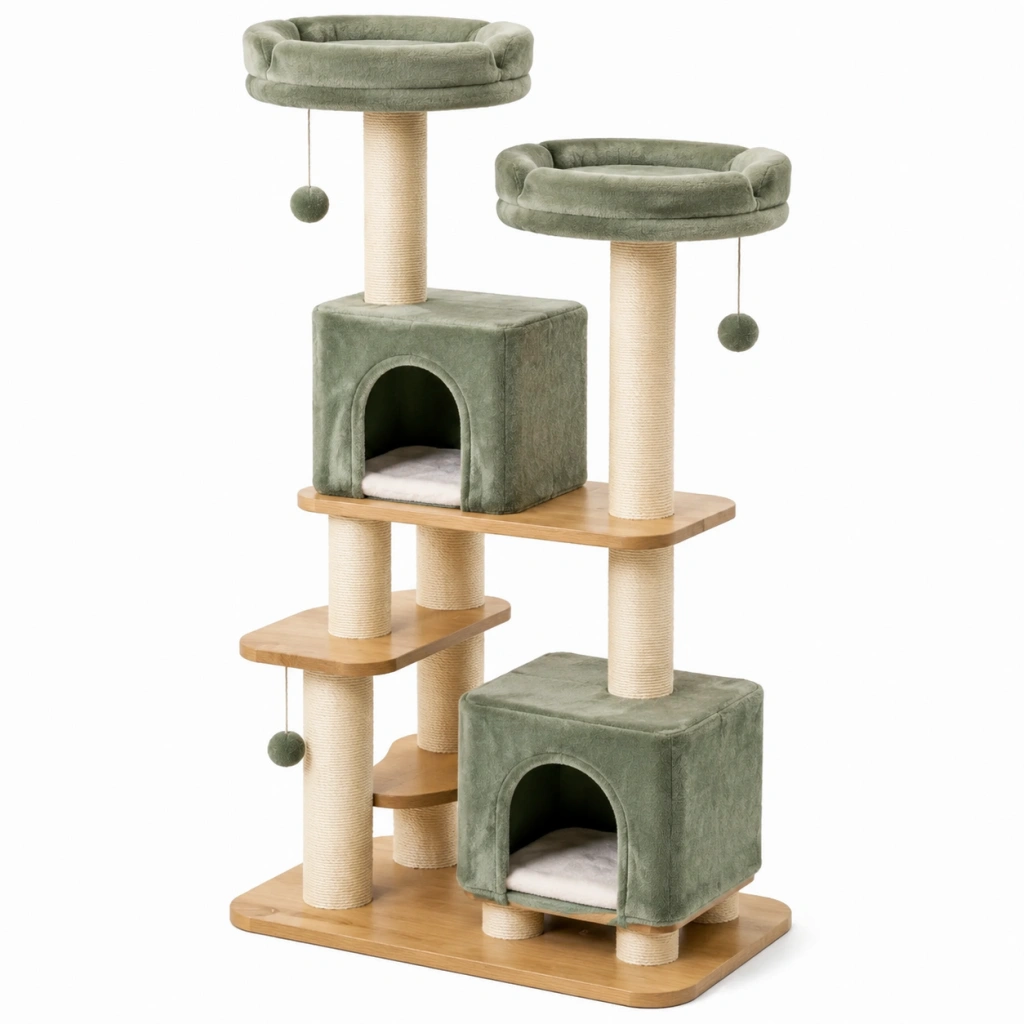 Tiragraffi per gatti 60 x 50 x 145 cm verde e naturale in legno sisal e peluche con cucce e piattaforme