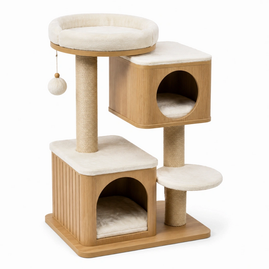 Tiragraffi per gatti 60 x 50 x 115 cm in legno beige con sisal e nicchie - struttura multilivello