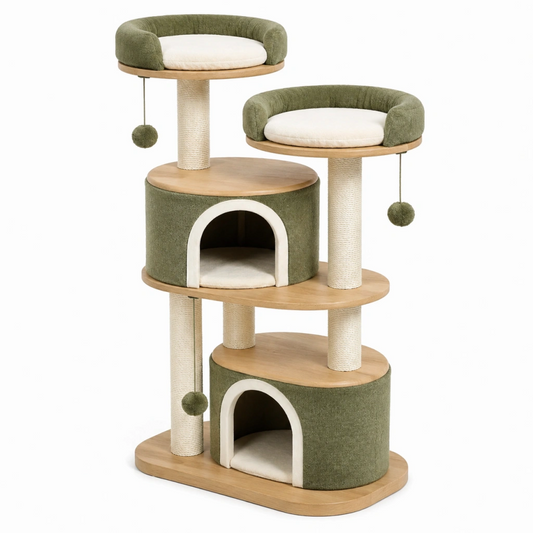 Tiragraffi per gatti 60 x 50 x 150 cm in legno sisal e tessuto verde con cucce e piattaforme