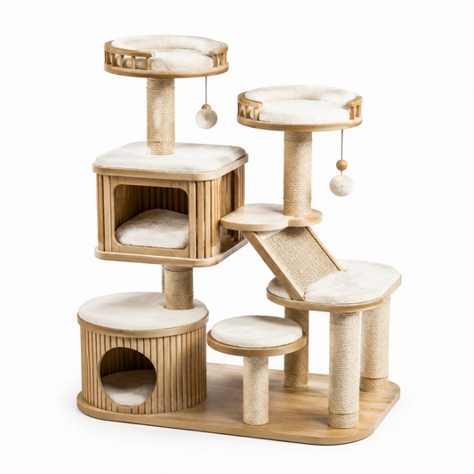 Tiragraffi per gatti 120x60x170 cm in legno beige con sisal e piattaforme