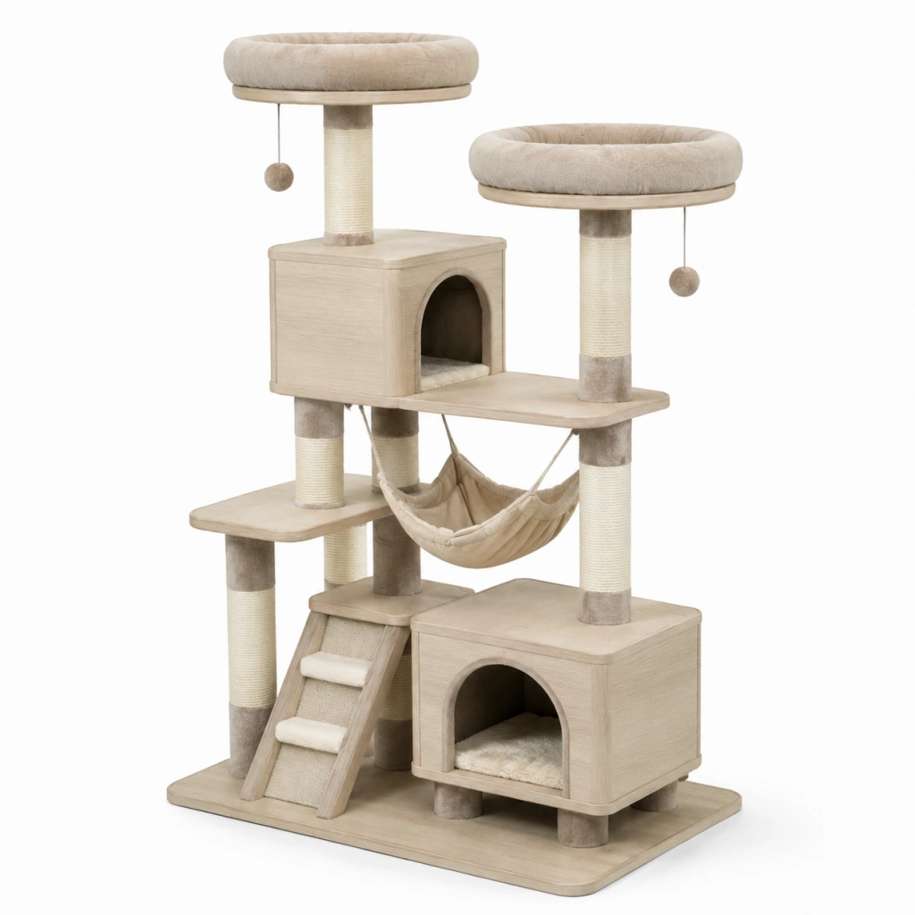 Albero tiragraffi per gatti 80 x 55 x 170 cm in legno beige con sisal e cuccette