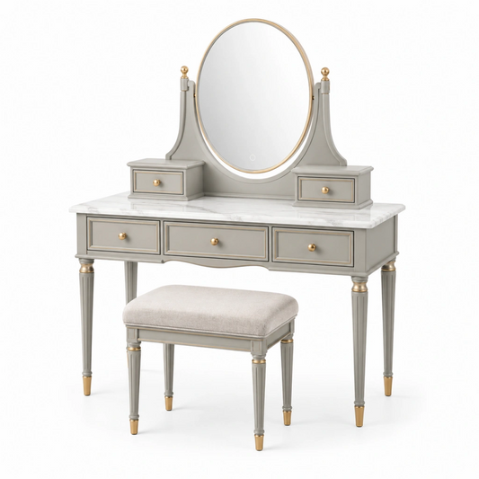Set toeletta con specchio e sgabello 120 x 45 cm grigio chiaro effetto marmo stile classico