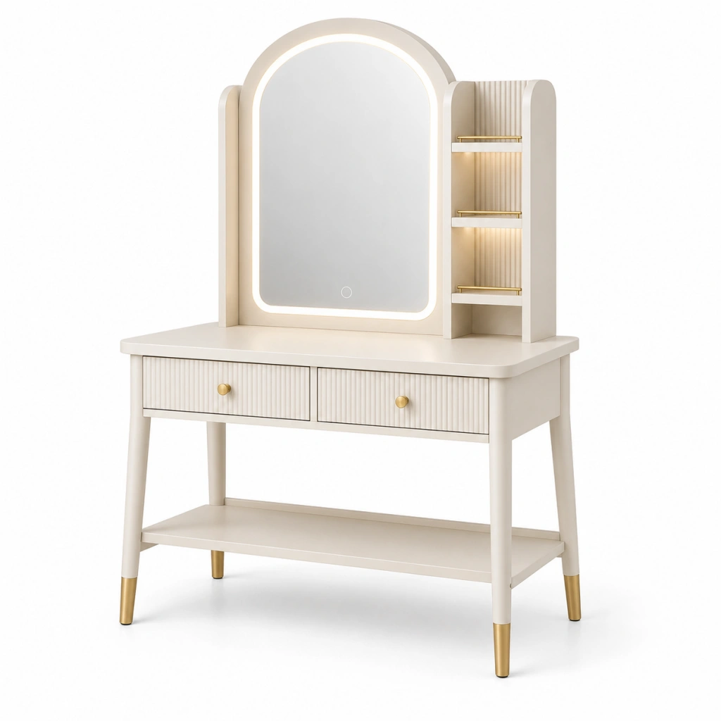 Tavolo da toeletta 80 x 40 x 145 cm in legno ingegnerizzato bianco con specchio LED e cassetti