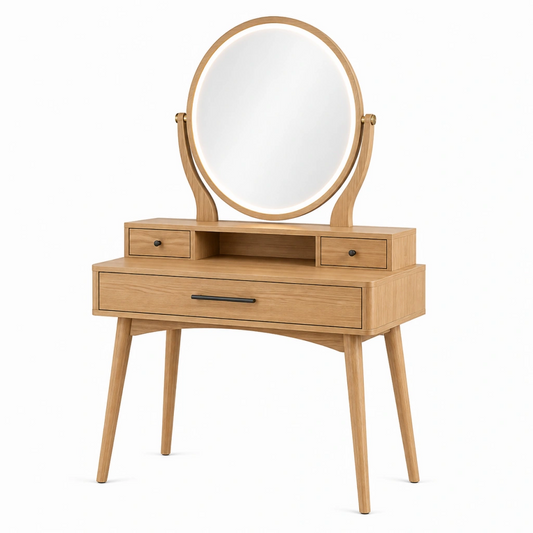 Tavolo da toeletta 90 x 45 x 145 cm in legno naturale con specchio rotondo illuminato - stile nordico