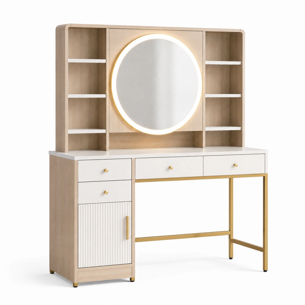 Tavolo da trucco 120 x 50 x 150 cm in legno bianco e rovere con specchio illuminato e ripiani