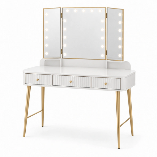 Tavolo da trucco 120 x 50 x 145 cm bianco e oro con specchio a tre ante illuminato e 3 cassetti