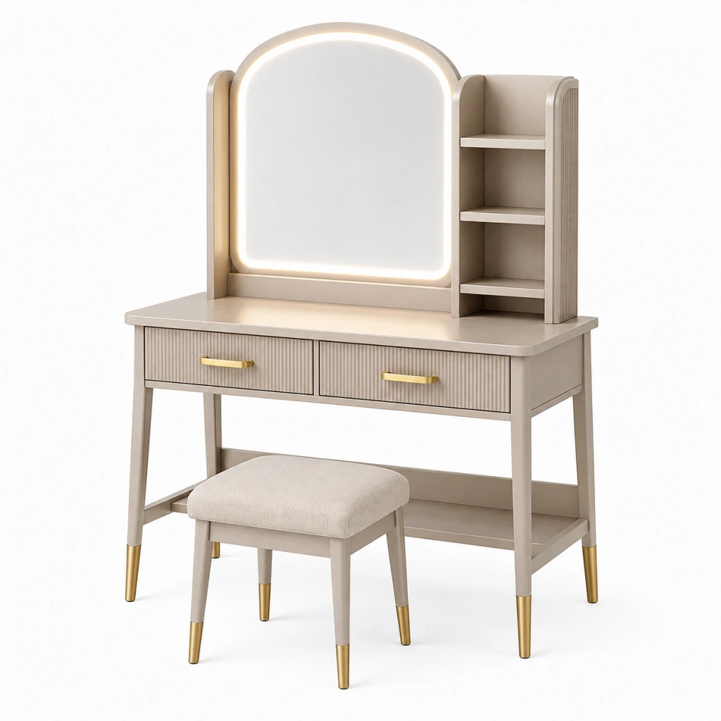 Toeletta con specchio illuminato 100 x 45 x 150 cm beige con sgabello e cassetti