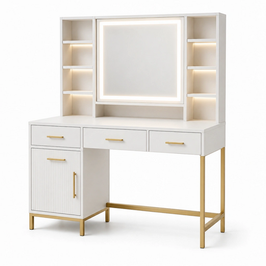 Toeletta 120 x 50 x 160 cm bianca con specchio illuminato e ripiani stile moderno