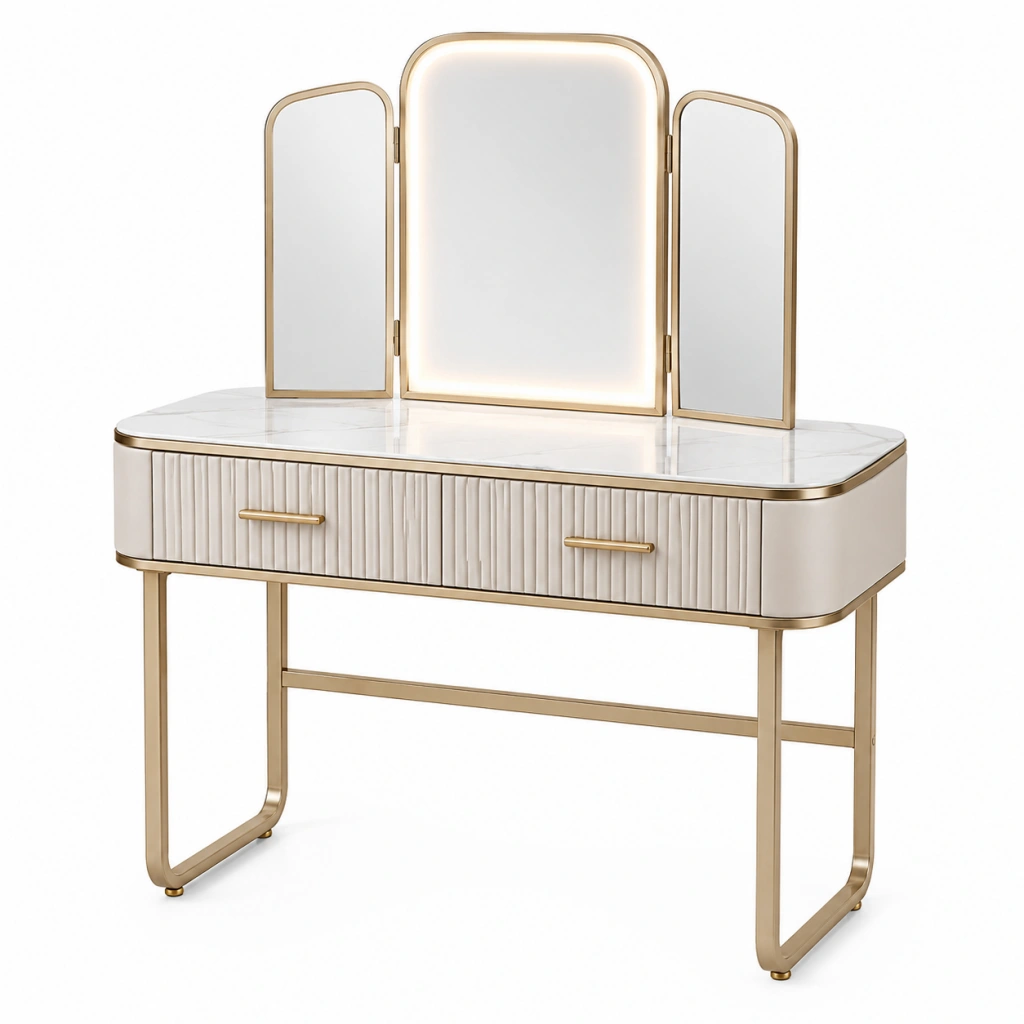 Toeletta 120 x 45 x 145 cm bianco e oro con specchio a tre ante e cassetti