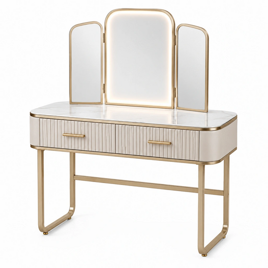 Toeletta 120 x 45 x 145 cm bianco e oro con specchio a tre ante e cassetti