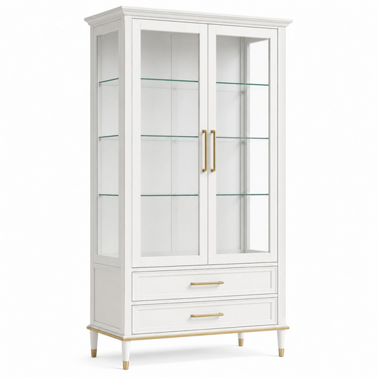 Vetrina 90 x 40 x 190 cm in legno bianco e vetro - mobile espositivo classico con 2 ante e cassetti
