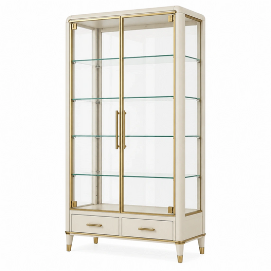 Vetrina 90 x 40 x 180 cm in vetro e metallo bianco oro con 2 ante e 2 cassetti