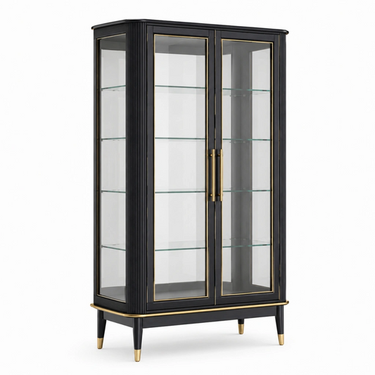 Vetrina 100 x 40 x 180 cm in vetro e legno nero con dettagli dorati - mobile espositivo moderno