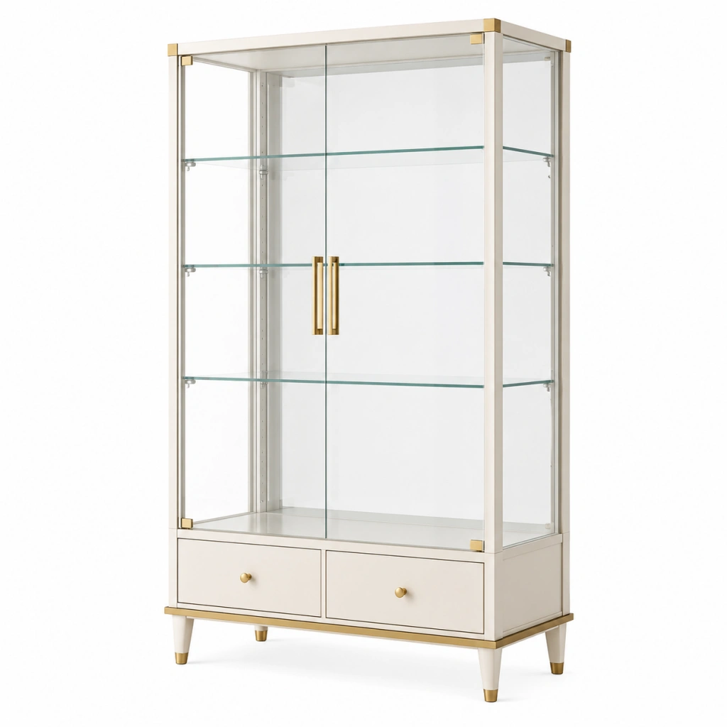 Vetrina 90 x 40 x 180 cm in vetro e legno bianco con dettagli dorati - mobile espositore moderno