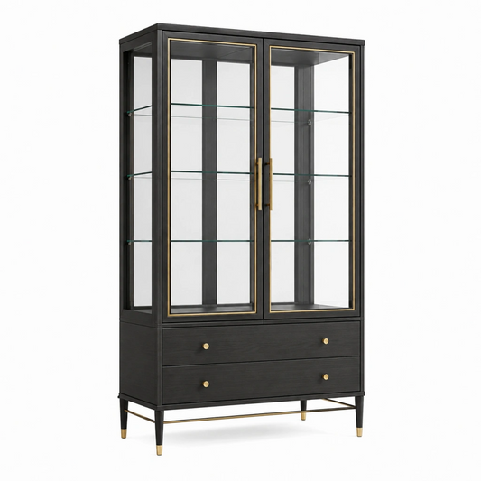 Vetrina 100 x 40 x 190 cm in legno e vetro nero oro con ante e cassetti stile moderno