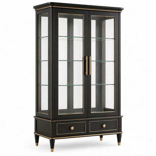 Vetrina 100 x 45 x 190 cm in legno e vetro nero oro con 2 ante e 2 cassetti stile classico